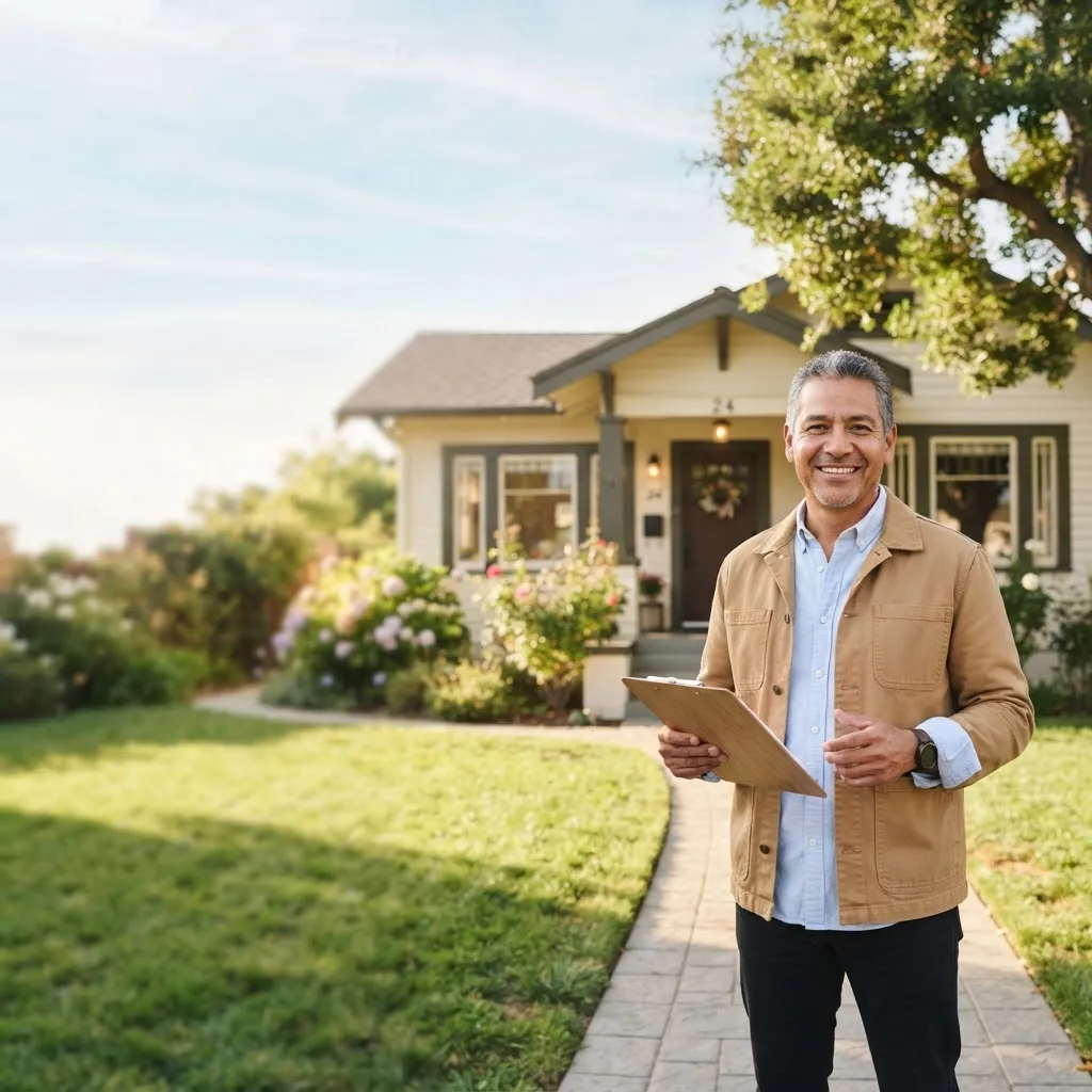 Smiling man holding a clipboard in front of a craftsman-style home